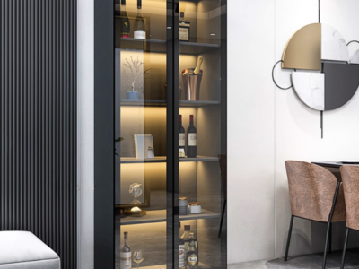 Tủ rượu gỗ công nghiệp MDF cánh kính TR28 trang trí phòng khách sang trọng có đèn LED, 5 khoang